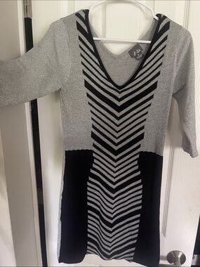 Source Unknown Black & Silver Chevron V-Neck Women's Dress